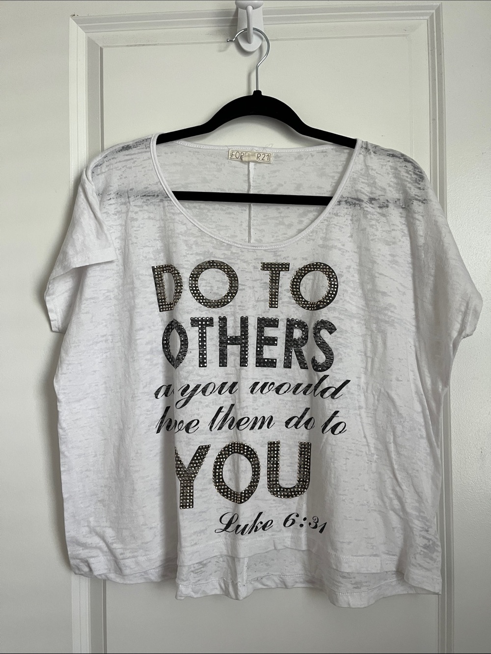 Forever 21 White Short Sleeve Graphic Tee with Studded Text